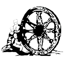 Dhammachakka (wheel of dhamma) with three monks beside it.